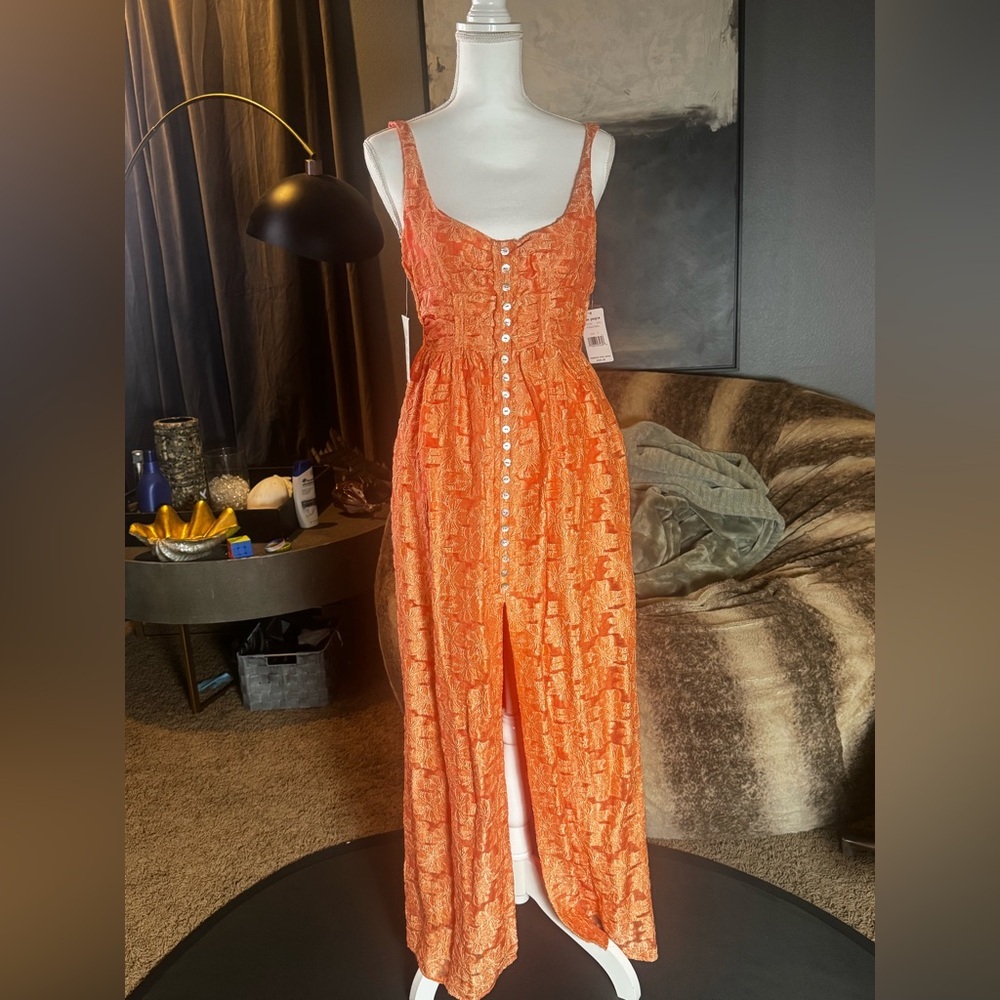 Free People Orange Textured Maxi Dress Boho Button Front Sundress Small
